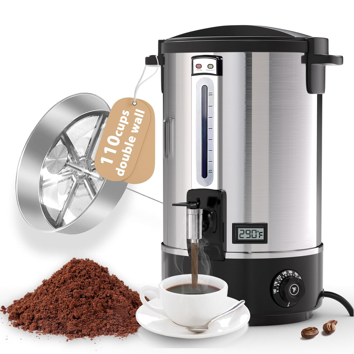 Commercial Coffee Urn,110 Cups/16.5L Stainless Steel Large Coffee Dispenser,Double Wall Electric Coffee Urn,Electric Coffee Maker Urn,Commercial Grade Percolate Coffee Maker Hot Water Urn for Catering