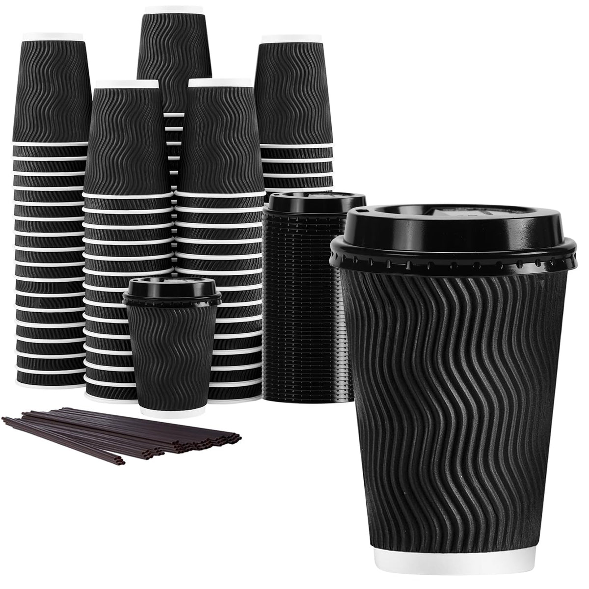 Lamosi 12 oz Coffee Cups with Lids 50 Pack Insulated Ripple Coffee Cups with Straws Disposable Coffee Cups for Water Juice Coffee (Black)
